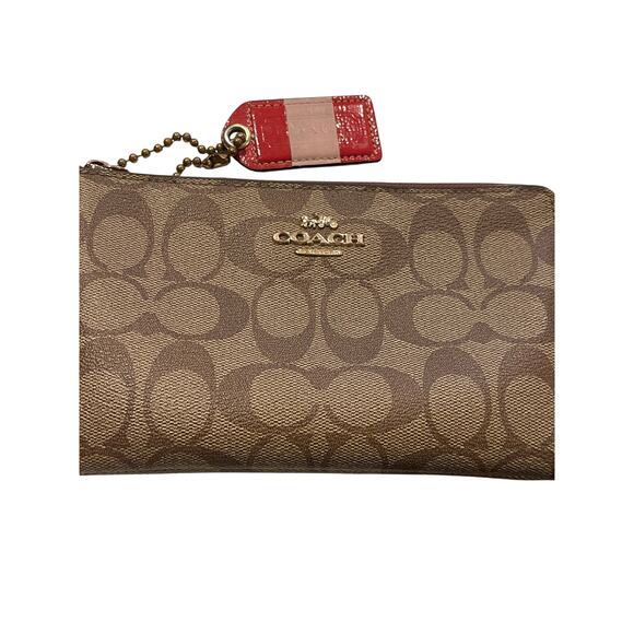 Coach Large Corner Zip Wristlet / Wallet Signature Canvas CS438 IM/Khaki Saddle - Picture 2 of 14